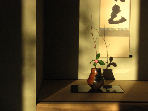 Camellia Japonica with a branch of Fothergilla. The vase is a Native American Navajo pot.